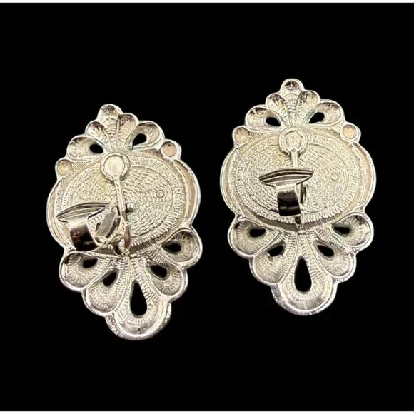 Vintage 80s Silver Blue Purple Faux Cabochon Tone Clip-On Earrings Lot 4 Pairs - Picture 3 of 13